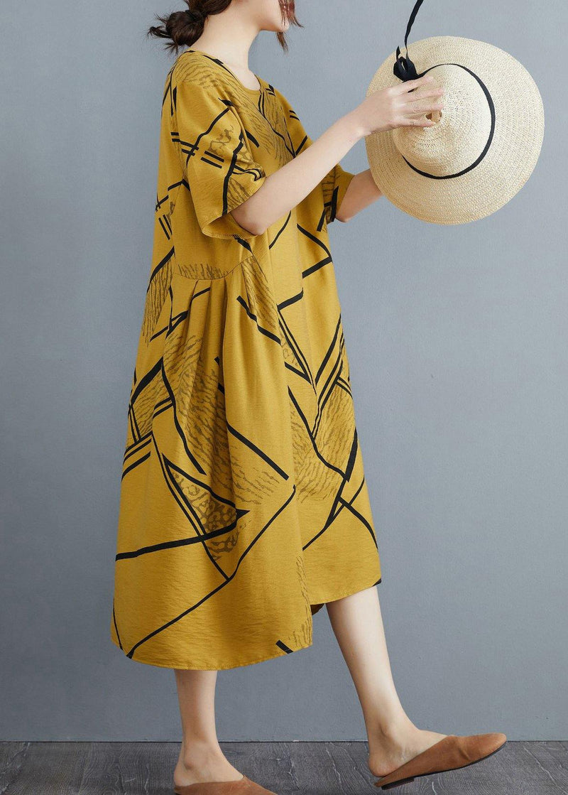 Yellow Print Pockets Cotton Linen Long Summer Dress
