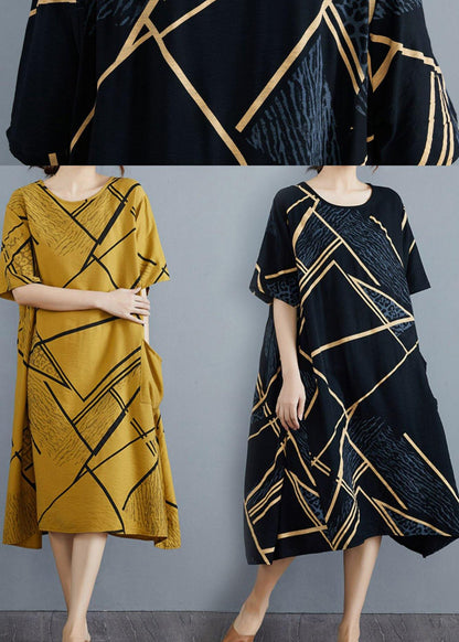 Yellow Print Pockets Cotton Linen Long Summer Dress