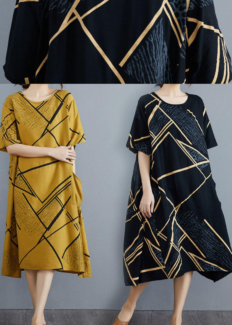Yellow Print Pockets Cotton Linen Long Summer Dress
