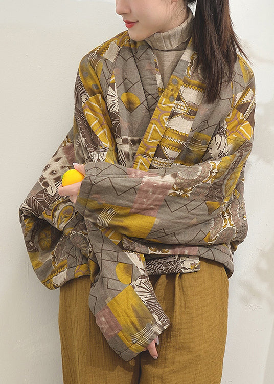 Yellow Print Pockets Patchwork Fine Cotton Filled Jackets Batwing Sleeve