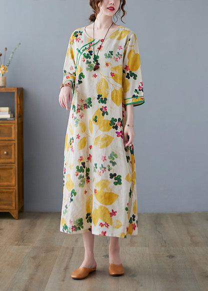 Yellow Side Open O-neck Print Cotton Loose Dress Three Quarter Sleeve