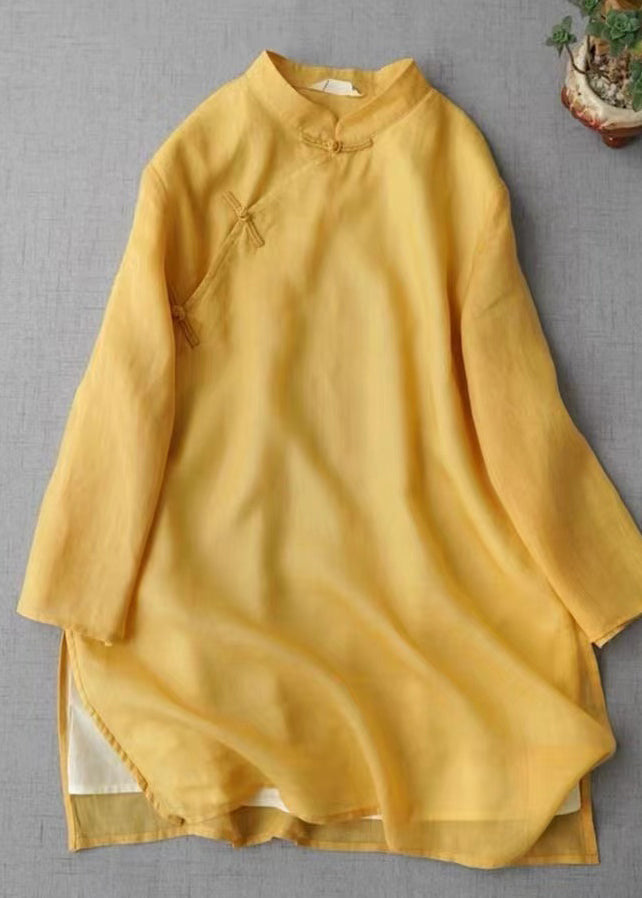 Yellow Stand Collar Chinese Button Linen Shirt Bracelet Sleeve