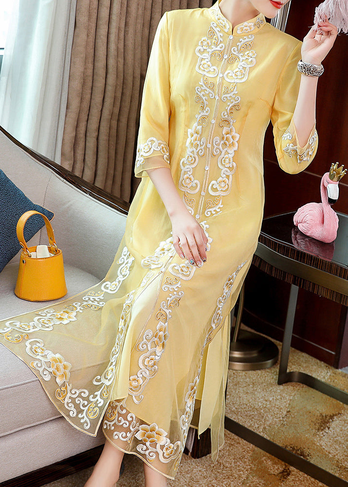 Yellow Stand Collar Embroideried Button Party Tulle Maxi Dress Long Sleeve