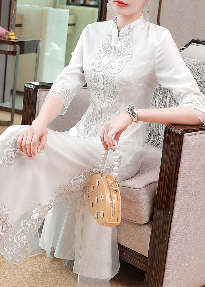 Yellow Stand Collar Embroideried Button Party Tulle Maxi Dress Long Sleeve