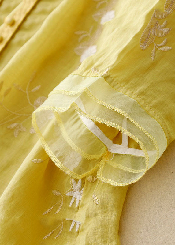 Blue Flower Stand Collar Embroidered Patchwork Cotton Shirts Bracelet Sleeve