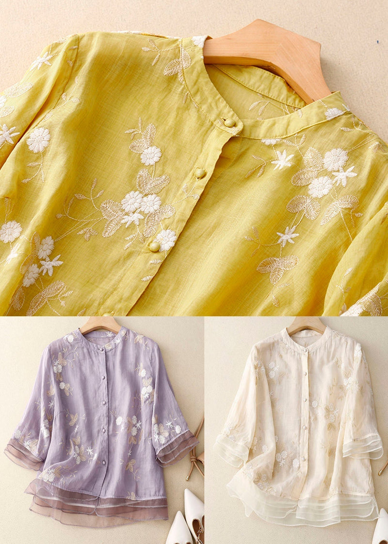 Blue Flower Stand Collar Embroidered Patchwork Cotton Shirts Bracelet Sleeve