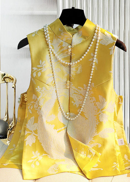 Yellow Stand Collar Jacquard Silk Top Sleeveless
