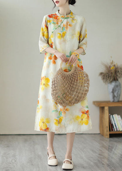 Yellow Stand Collar Print Button Patchwork Linen Dress Summer