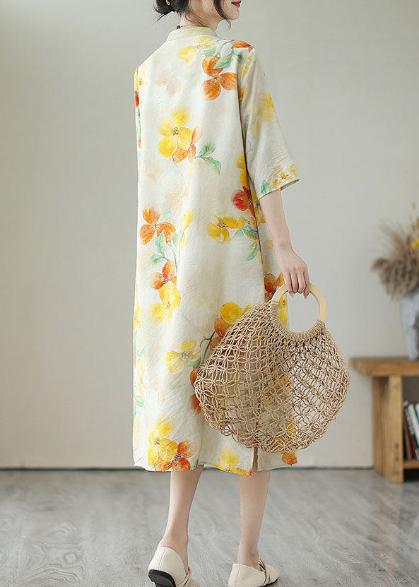 Yellow Stand Collar Print Button Patchwork Linen Dress Summer