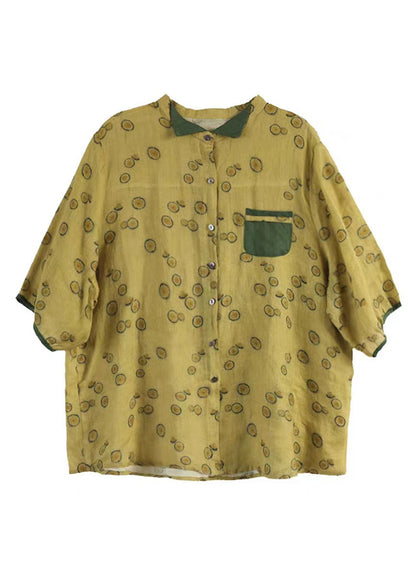 Yellow Stand Collar Print Button Ramie Shirts Half Sleeve