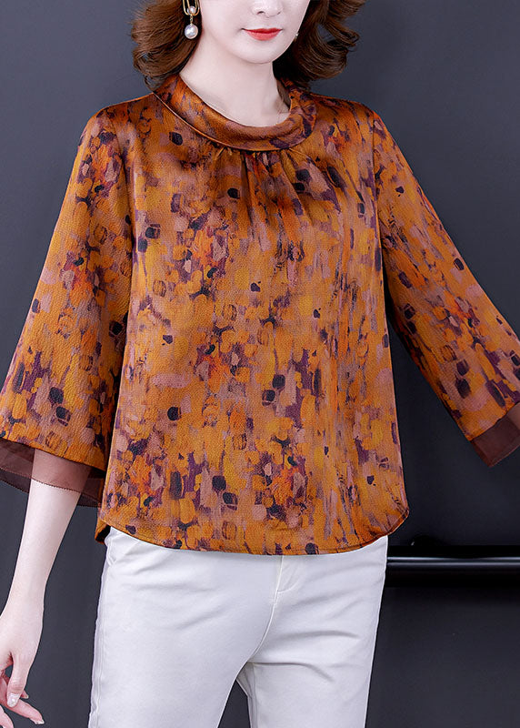 Yellow Stand Collar Zippered Print Silk Shirts Bracelet Sleeve