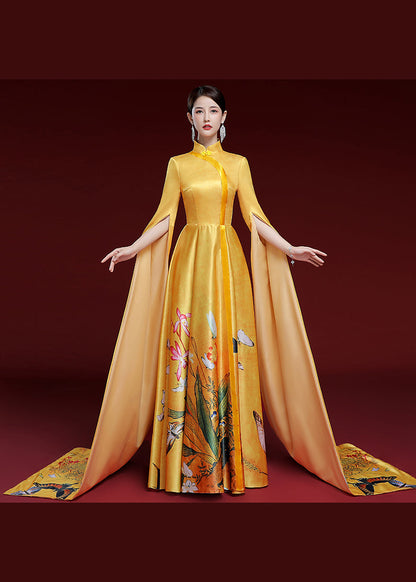 Yellow Standing Neck Printed Pleated Dress Long Sleeve