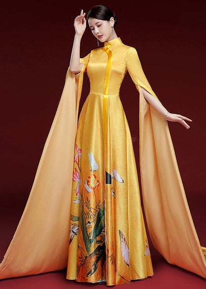 Yellow Standing Neck Printed Pleated Dress Long Sleeve