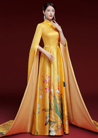 Yellow Standing Neck Printed Pleated Dress Long Sleeve