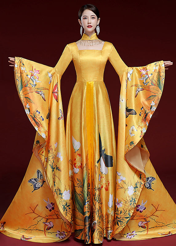 Yellow Tassels Butterfly Print Long Dress Long Sleeve
