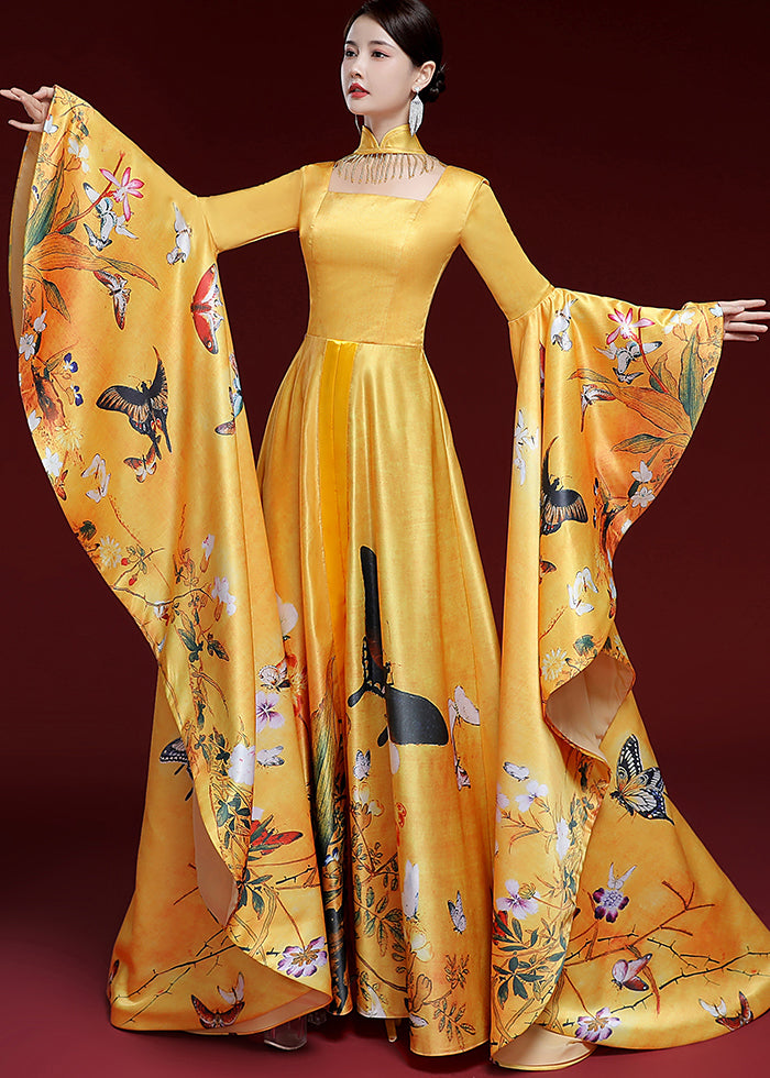 Yellow Tassels Butterfly Print Long Dress Long Sleeve