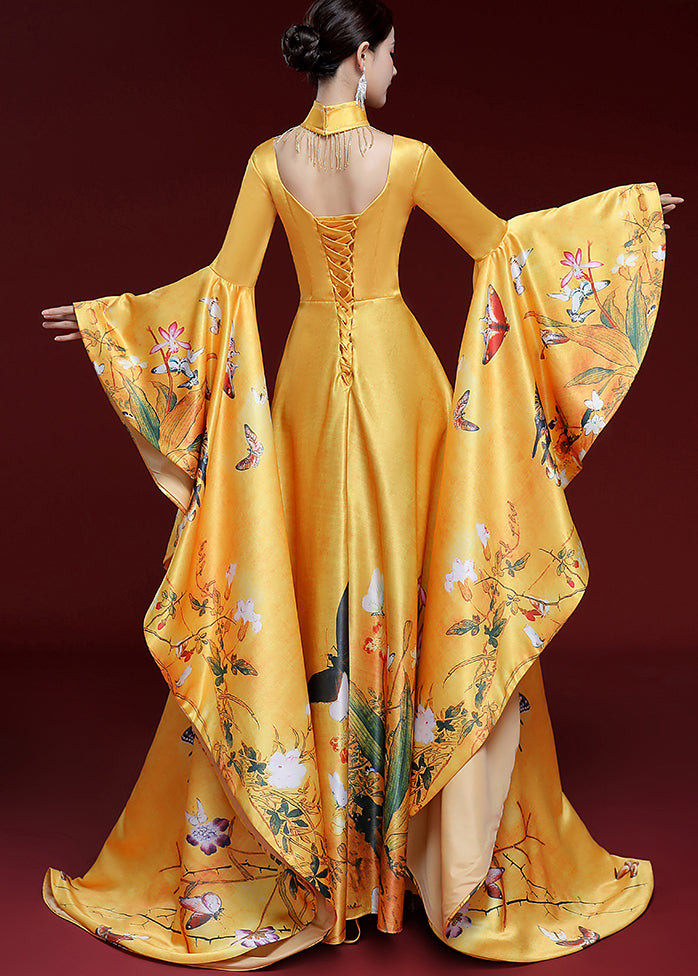 Yellow Tassels Butterfly Print Long Dress Long Sleeve