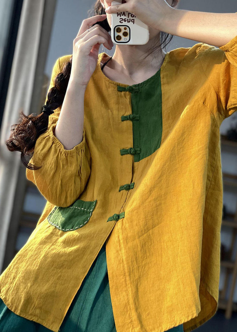 Yellow V Neck Button Patchwork Cotton Shirt Bracelet Sleeve