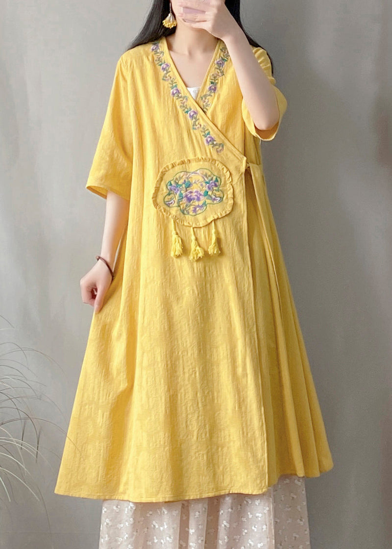 Yellow V Neck Embroidered Lace Up Cotton Cardigan Summer