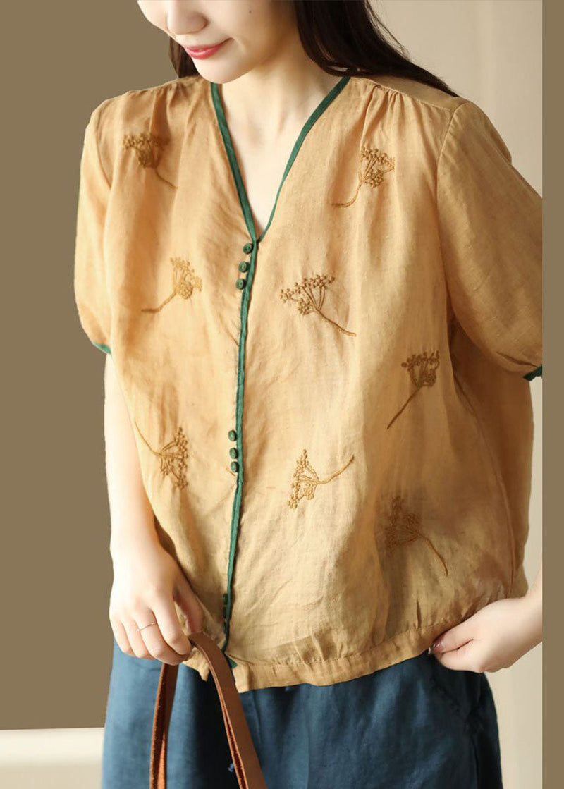 Yellow V Neck Embroideried Patchwork Linen Top Summer