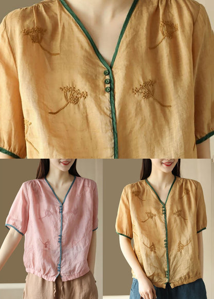 Yellow V Neck Embroideried Patchwork Linen Top Summer