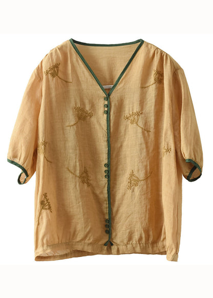 Yellow V Neck Embroideried Patchwork Linen Top Summer