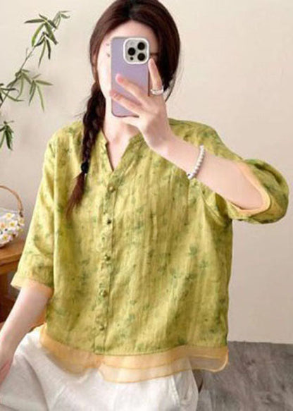 Yellow V Neck Print Button Patchwork Linen Top Summer