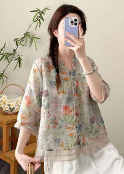 Yellow V Neck Print Button Patchwork Linen Top Summer