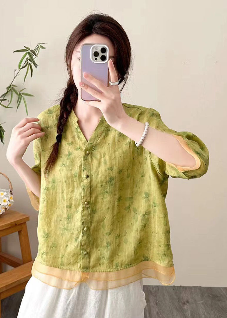 Yellow V Neck Print Button Patchwork Linen Top Summer