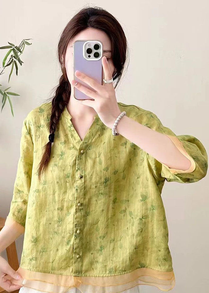 Yellow V Neck Print Button Patchwork Linen Top Summer
