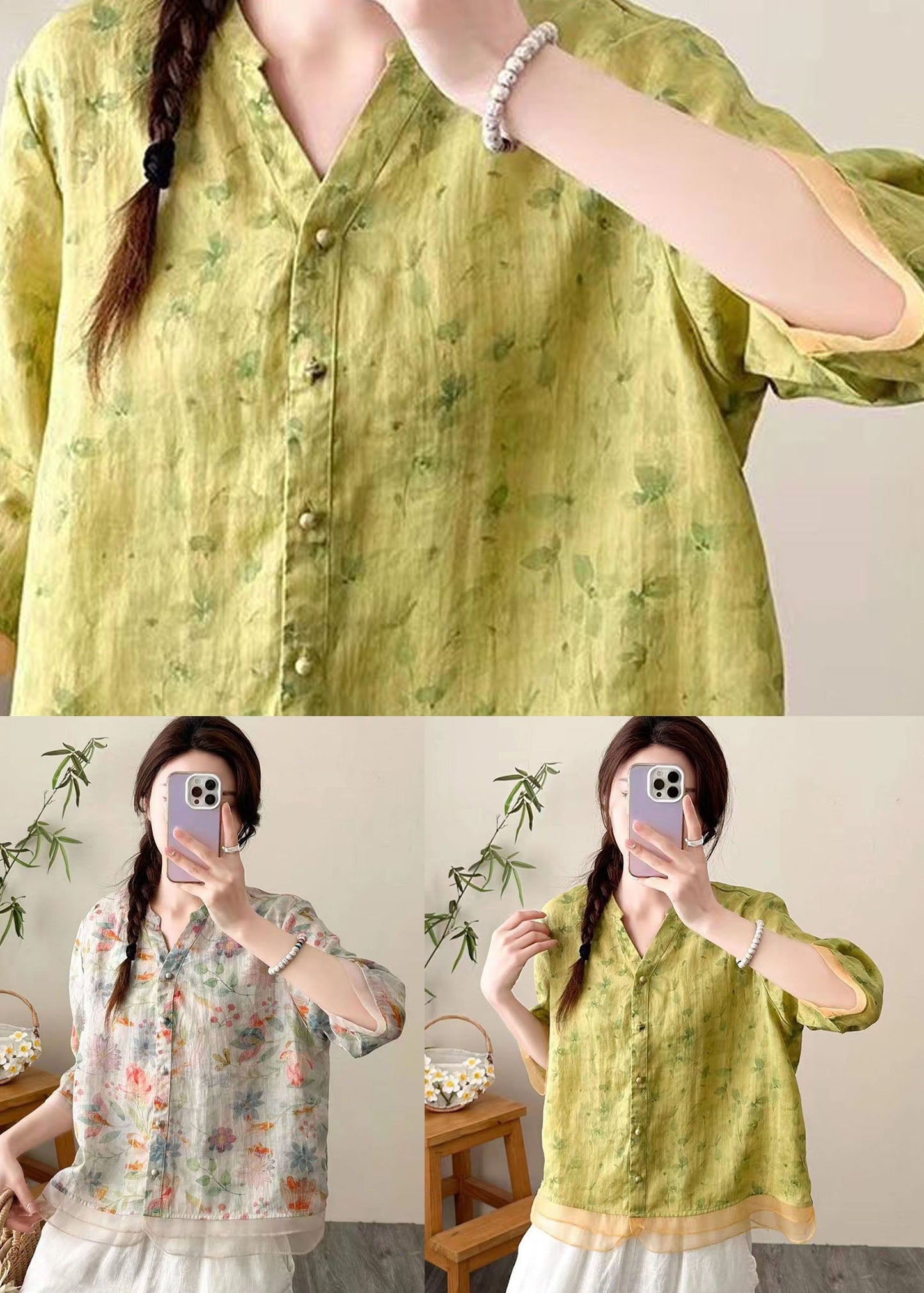 Yellow V Neck Print Button Patchwork Linen Top Summer