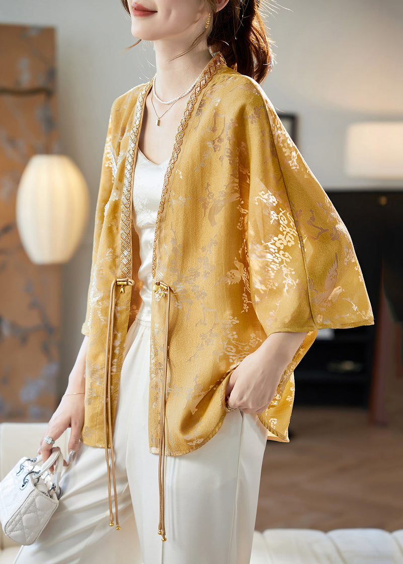 Yellow V Neck Print Nail Bead Loose Cardigans Fall