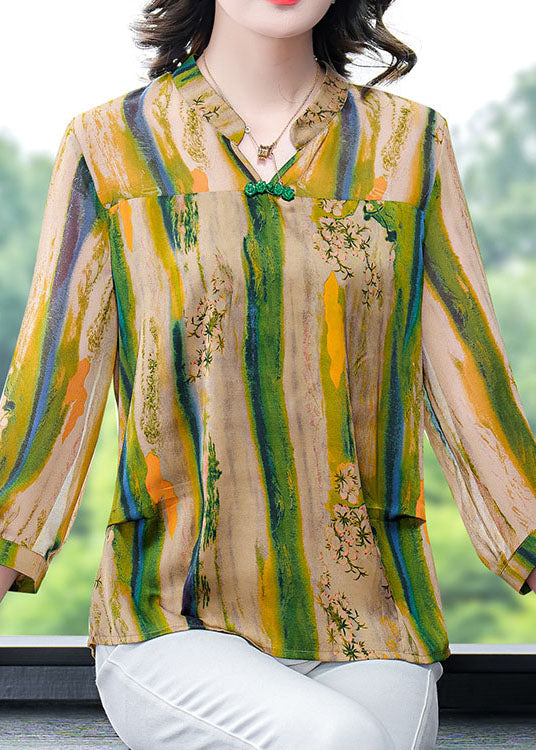 Yellow V Neck Print Patchwork Silk Shirt Tops Bracelet Sleeve