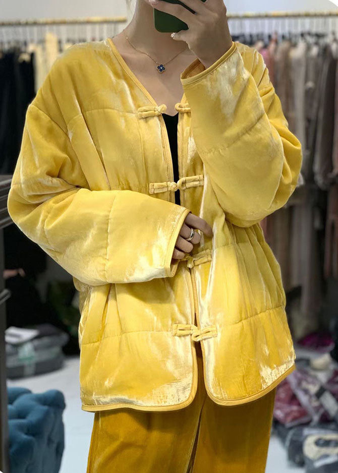 Yellow Button V Neck Fine Cotton Filled Coats Winter