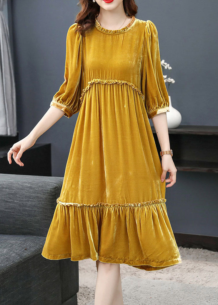 Yellow Wrinkled Velour Dress Half Sleeve