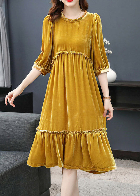 Yellow Wrinkled Velour Dress Half Sleeve