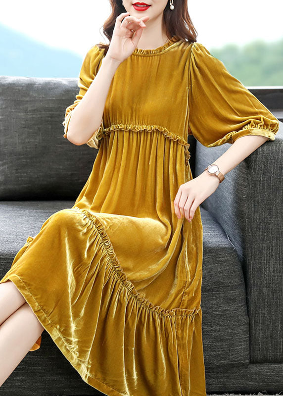Yellow Wrinkled Velour Dress Half Sleeve