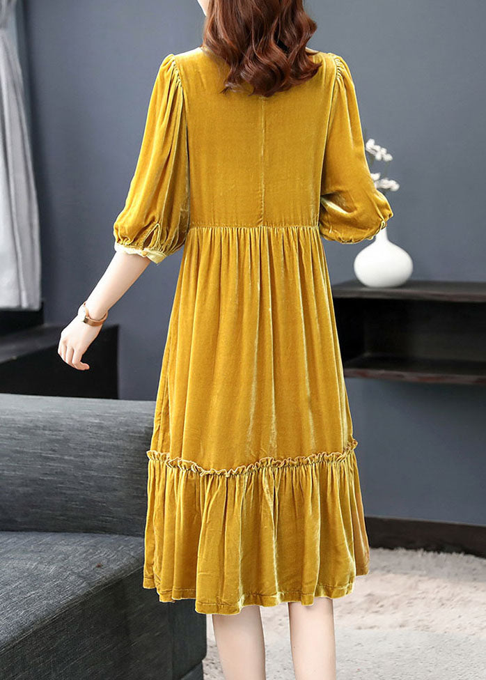 Yellow Wrinkled Velour Dress Half Sleeve