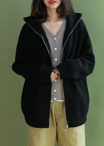 Black Loose Fitting Winter Zippered Knit Outwear