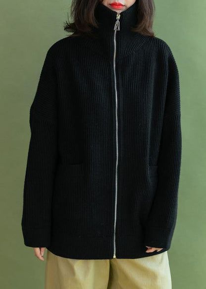 Black Loose Fitting Winter Zippered Knit Outwear