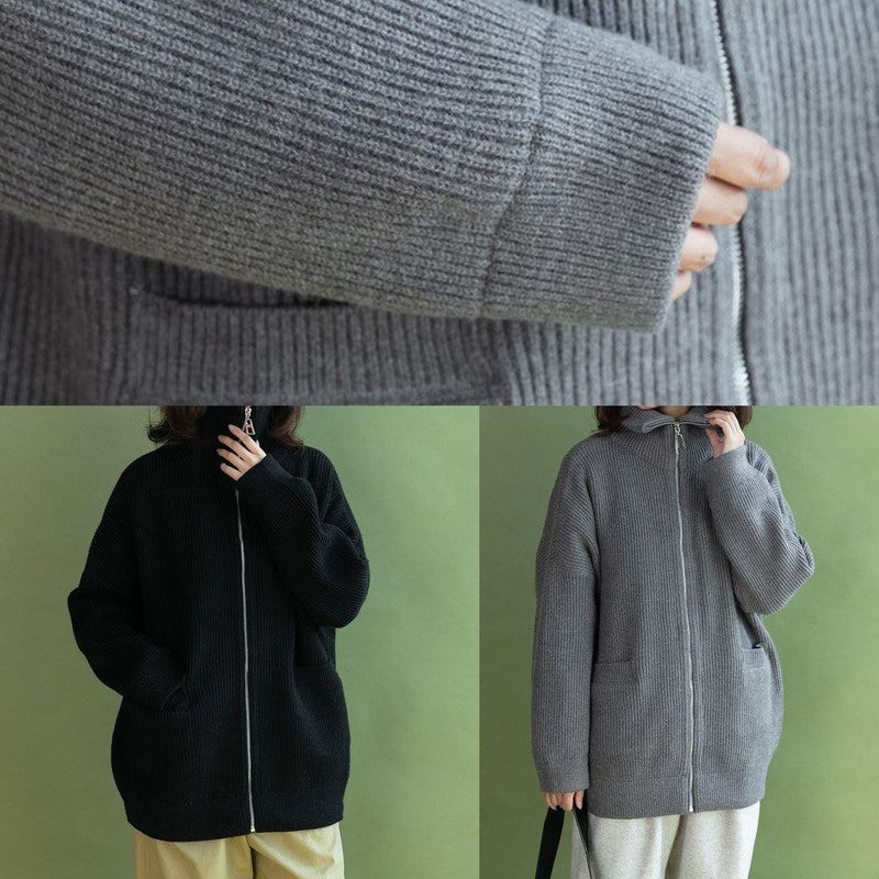 Black Loose Fitting Winter Zippered Knit Outwear