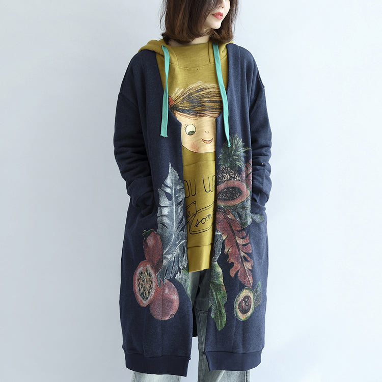 Blue Prints Cotton Cardigans V Neck Long Sleeve Trench Coats