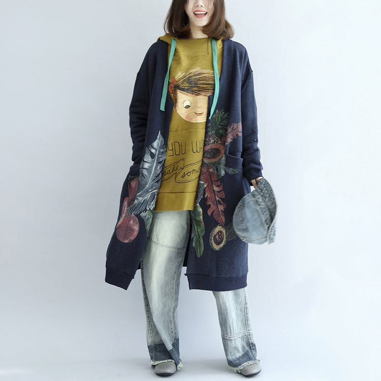 Blue Prints Cotton Cardigans V Neck Long Sleeve Trench Coats