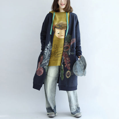 Blue Prints Cotton Cardigans V Neck Long Sleeve Trench Coats