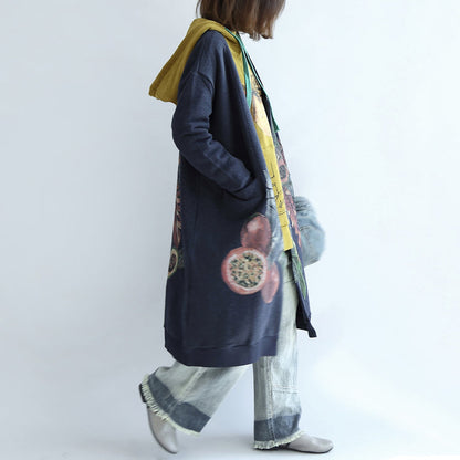 Blue Prints Cotton Cardigans V Neck Long Sleeve Trench Coats