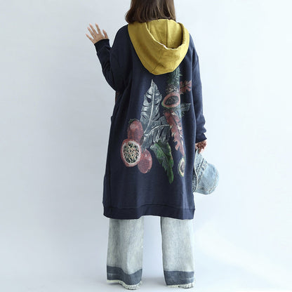 Blue Prints Cotton Cardigans V Neck Long Sleeve Trench Coats