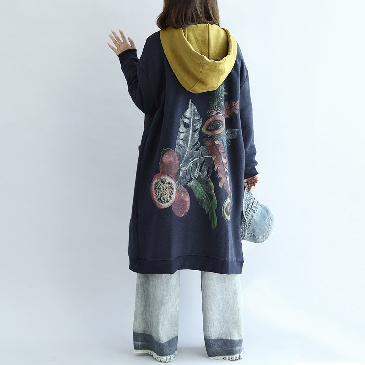 Blue Prints Cotton Cardigans V Neck Long Sleeve Trench Coats