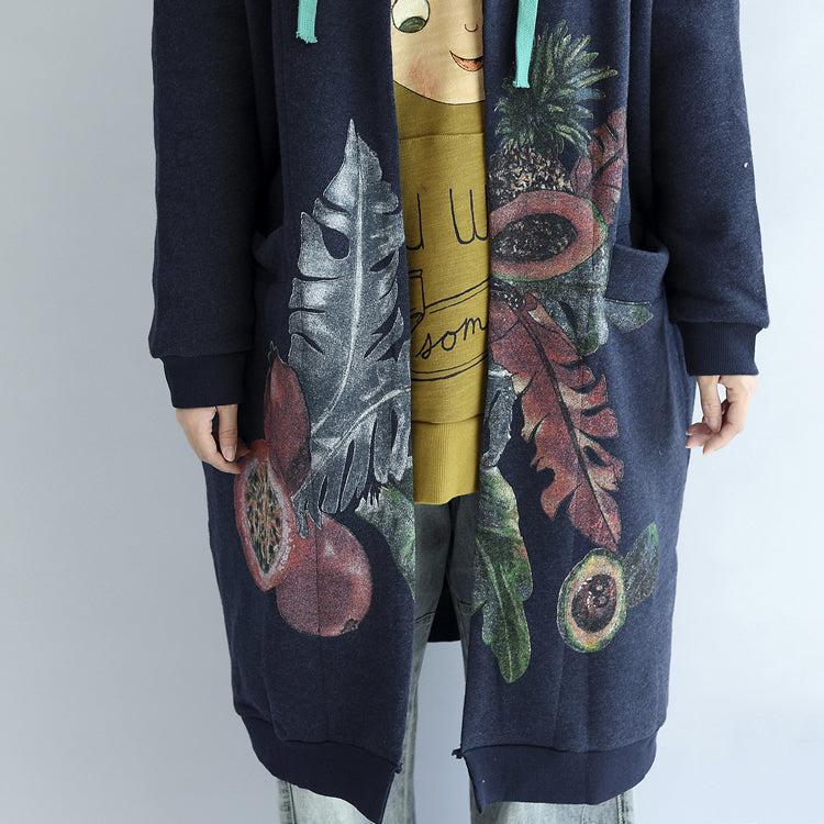 Blue Prints Cotton Cardigans V Neck Long Sleeve Trench Coats