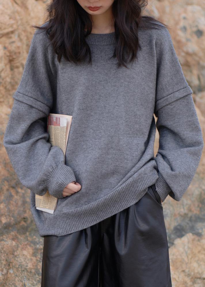 Gray Sweaters Oversized O Neck Cinched Sweater Blouse
