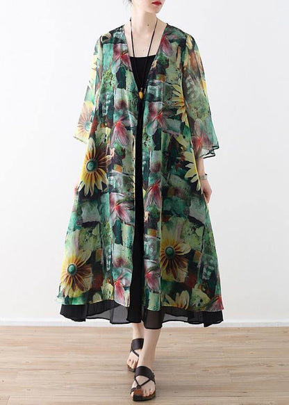 Green Print Oversized V Neck Baggy Cardigans